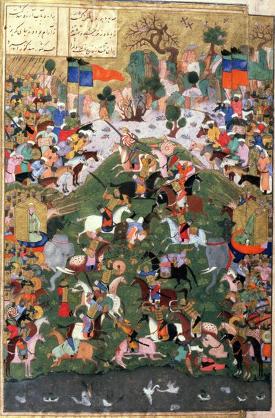 Der Ursprung des Schachs: Schlacht zwischen Gaw und Talhand, Illustration aus dem Shahnama (Buch der Könige) von Abul-Qasim Manur Firdawsi (ca. 934-ca. 1020) ca. 1440-45 von Persian School